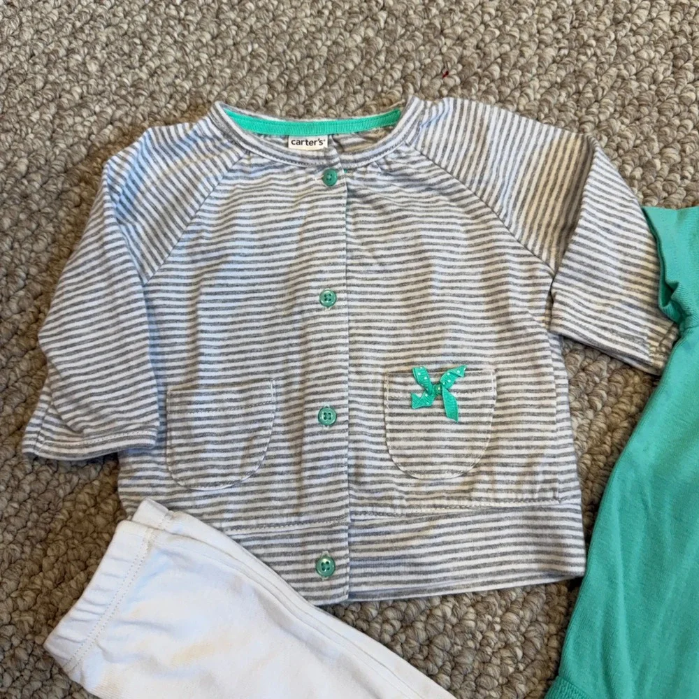 Carters Baby Girls 3 Piece Set Teal Bodysuit Cardigan‎ White Pants Size 3 Months - Picture 3 of 5
